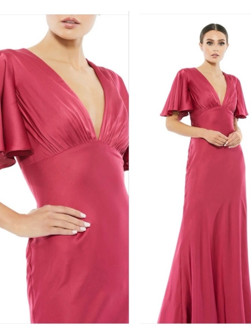 NWT 554021 Mac Duggal Satin V-Neck Belle Sleeve Gown